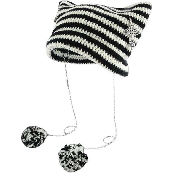 Cat Ear Beanie Y2K Gyaru Acubi Stars Pins Knit Slouchy Hat